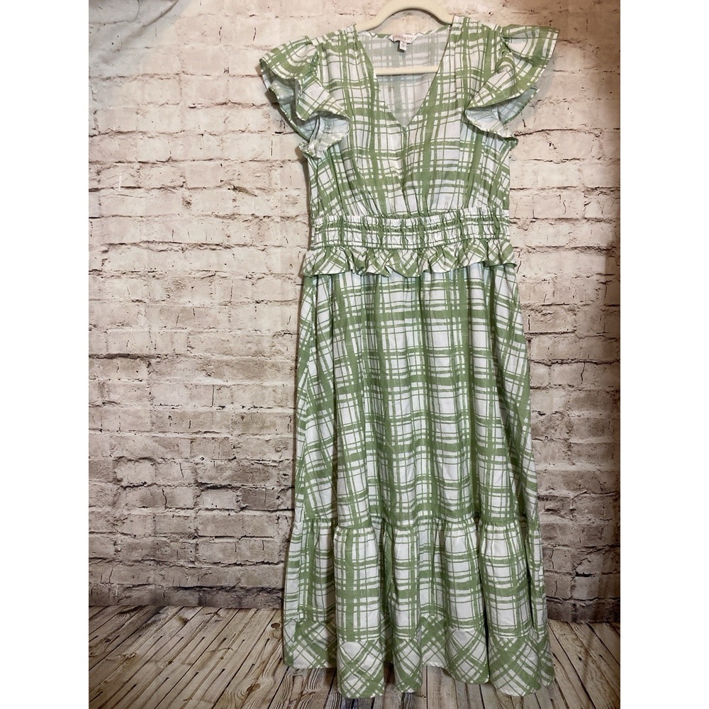 Crown & Ivy Dress Small Green White Plaid Ruffle Maxi Smocked Waist Pockets